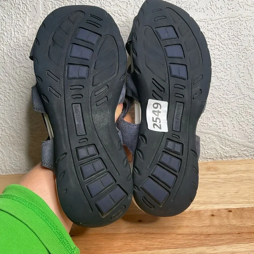 Lands' End Woman's Comfort gray suede strappy‎  flat sandals size 9B
